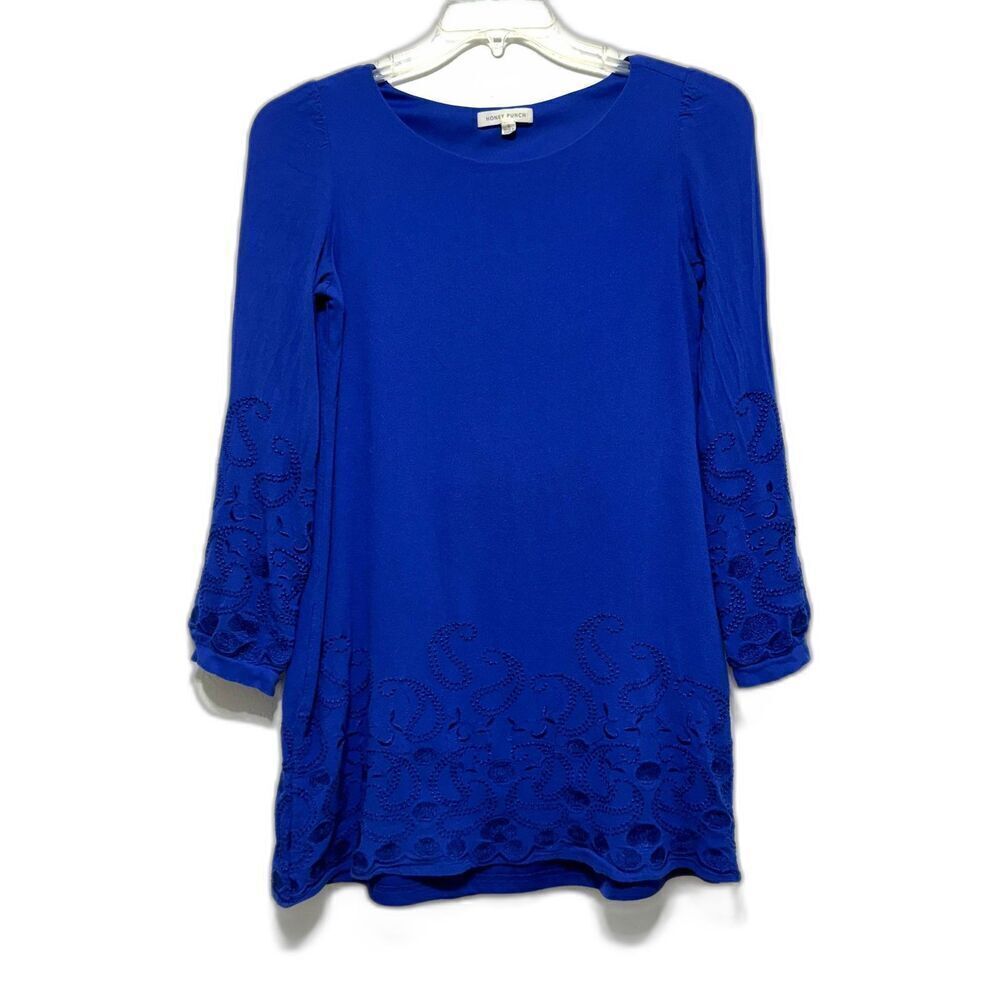 Honey Punch Shift Dress Blue Career Work Long Sleeves Modest Embroidery sz Small